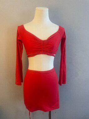 SHEIN Red Ruched Two Piece Crop Top & Mini Skirt Set XS